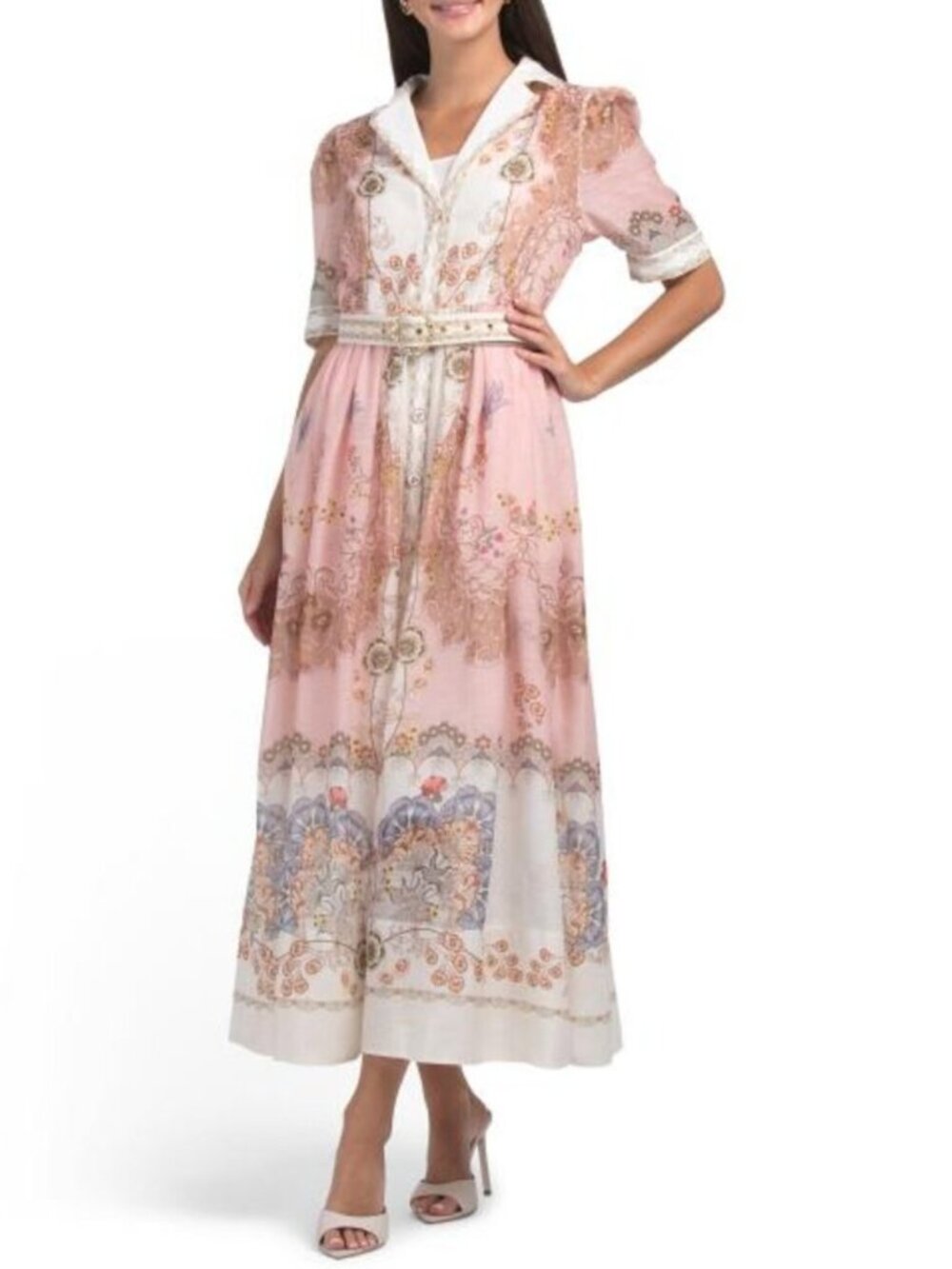 NANCY YANG Studded Lapel Belted Maxi Dress